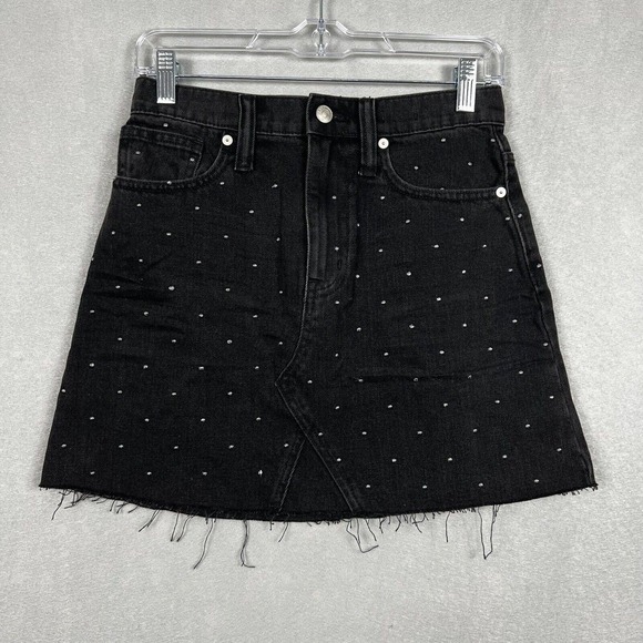 Madewell Rigid Denim A-line Skirt Size 25 Black Mini Metalic Dots Edition - Picture 1 of 12